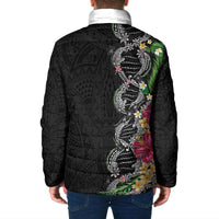 Hawaii DNA Kakau Tattoo Padded Jacket with Plumeria and Hibiscus Tropical Plants Black Color