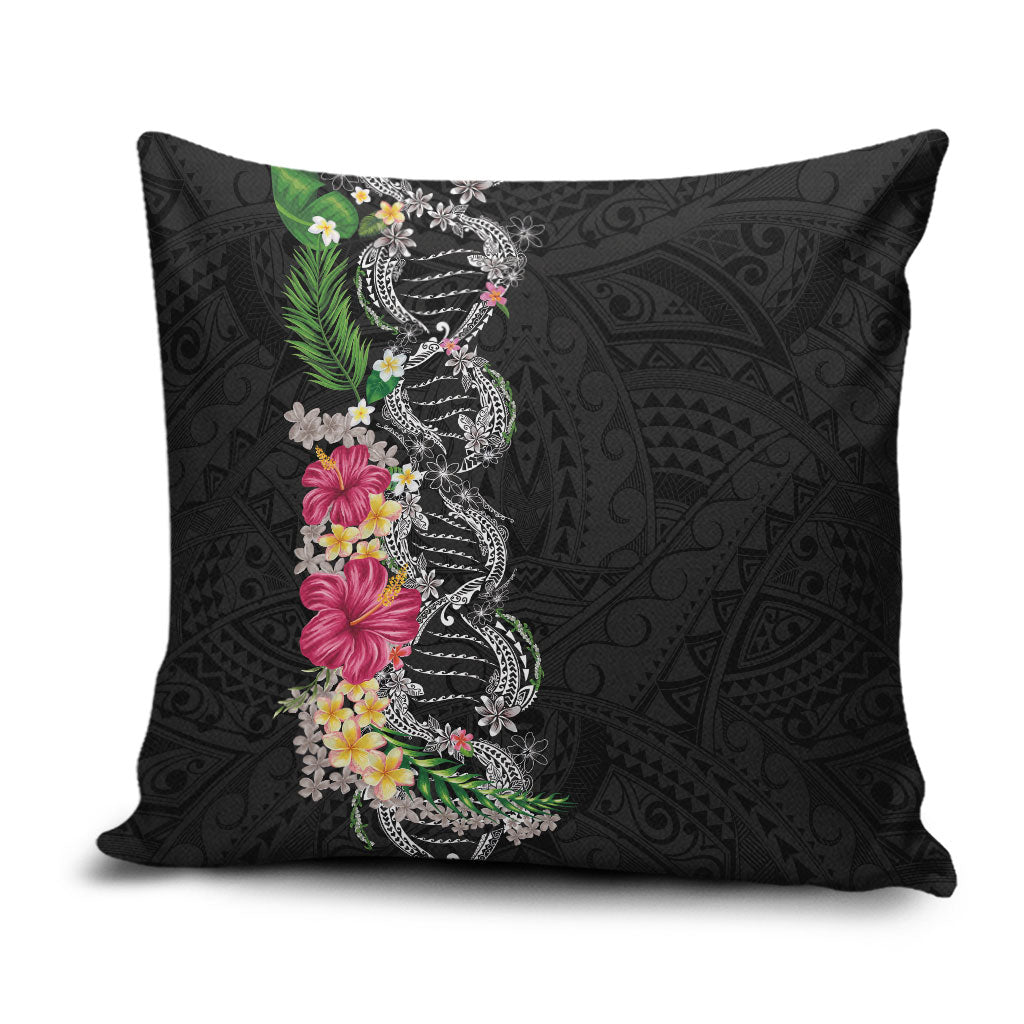 Hawaii DNA Kakau Tattoo Pillow Cover with Plumeria and Hibiscus Tropical Plants Black Color