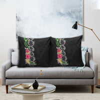 Hawaii DNA Kakau Tattoo Pillow Cover with Plumeria and Hibiscus Tropical Plants Black Color