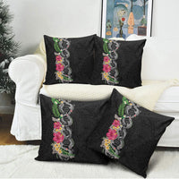 Hawaii DNA Kakau Tattoo Pillow Cover with Plumeria and Hibiscus Tropical Plants Black Color