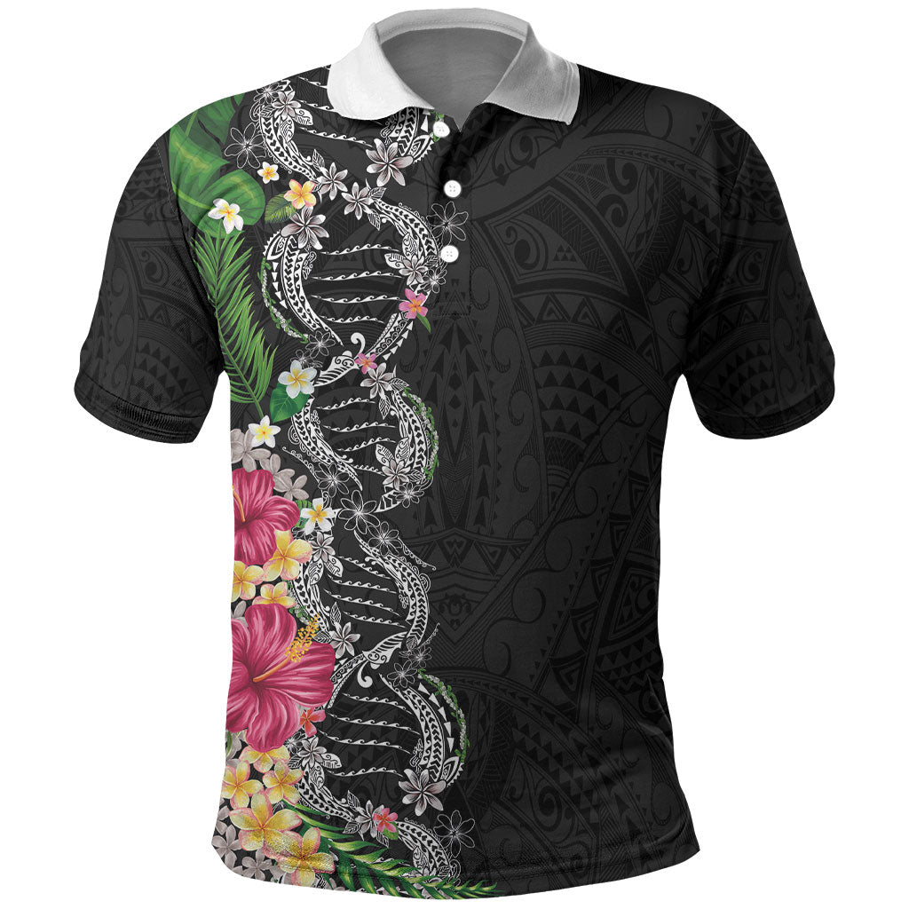 Hawaii DNA Kakau Tattoo Polo Shirt with Plumeria and Hibiscus Tropical Plants Black Color LT03 Black - Polynesian Pride