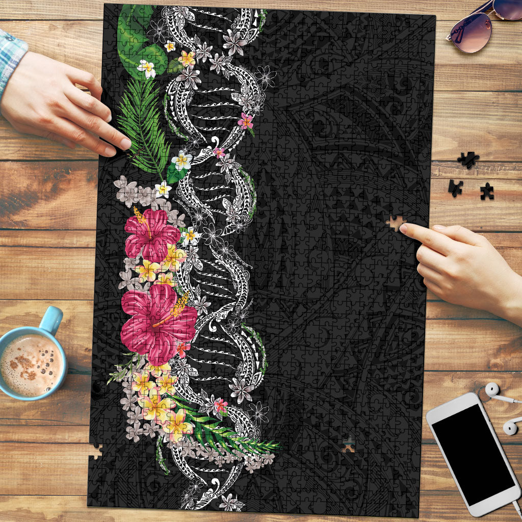 Hawaii DNA Kakau Tattoo Puzzle with Plumeria and Hibiscus Tropical Plants Black Color