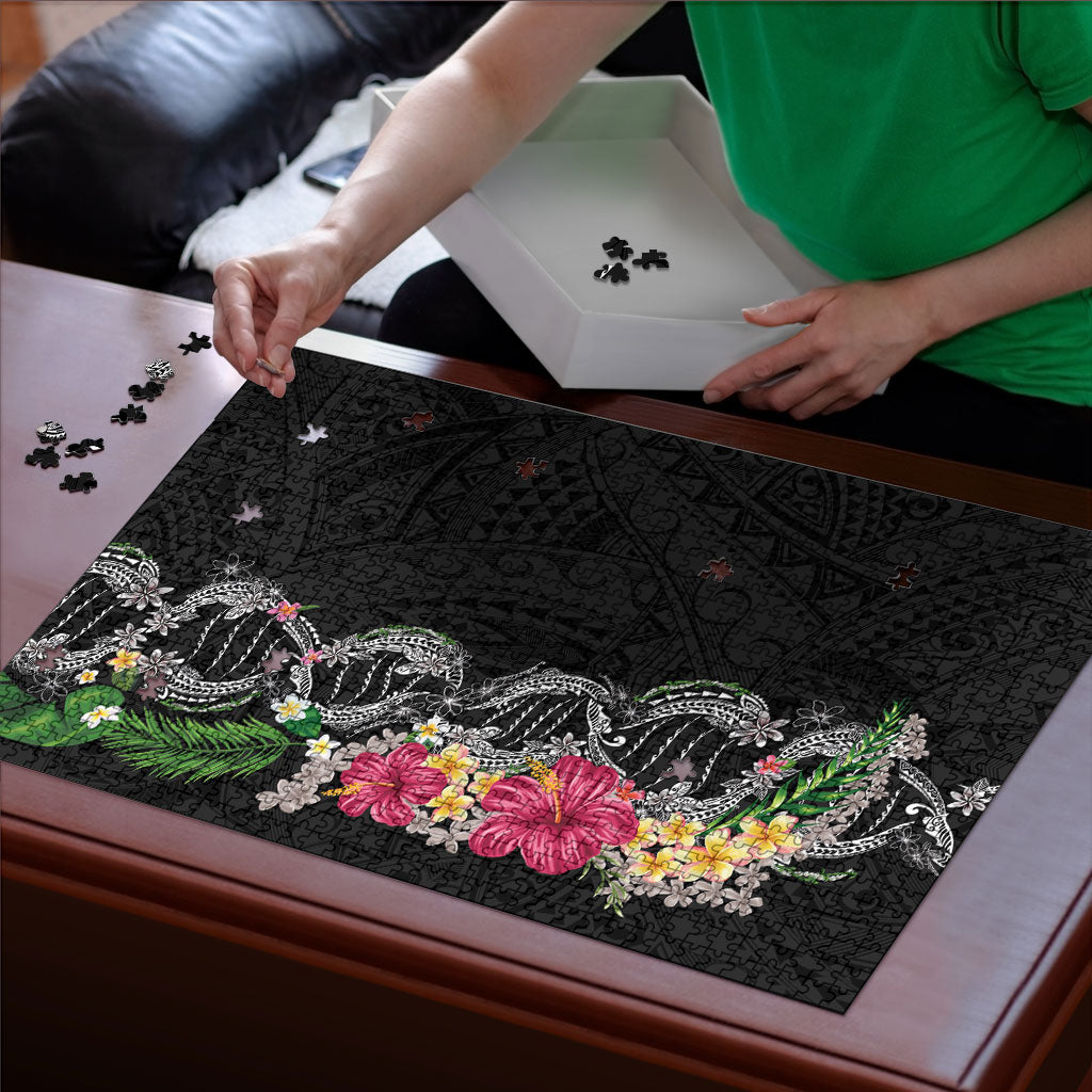 Hawaii DNA Kakau Tattoo Puzzle with Plumeria and Hibiscus Tropical Plants Black Color