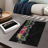 Hawaii DNA Kakau Tattoo Puzzle with Plumeria and Hibiscus Tropical Plants Black Color