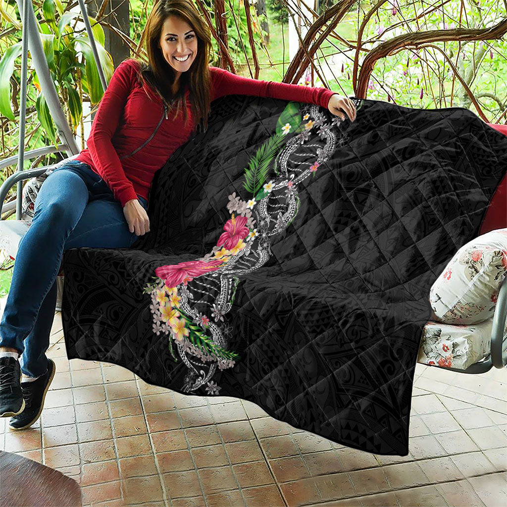 Hawaii DNA Kakau Tattoo Quilt with Plumeria and Hibiscus Tropical Plants Black Color