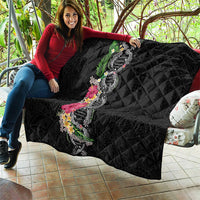Hawaii DNA Kakau Tattoo Quilt with Plumeria and Hibiscus Tropical Plants Black Color