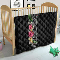 Hawaii DNA Kakau Tattoo Quilt with Plumeria and Hibiscus Tropical Plants Black Color