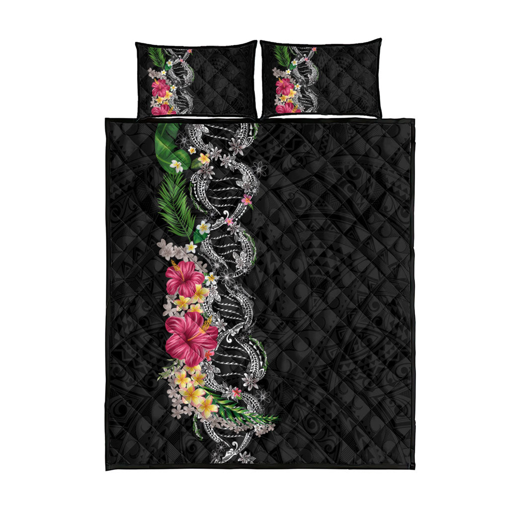 Hawaii DNA Kakau Tattoo Quilt Bed Set with Plumeria and Hibiscus Tropical Plants Black Color