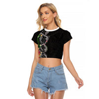 Hawaii DNA Kakau Tattoo Raglan Cropped T Shirt with Plumeria and Hibiscus Tropical Plants Black Color