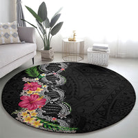 Hawaii DNA Kakau Tattoo Round Carpet with Plumeria and Hibiscus Tropical Plants Black Color
