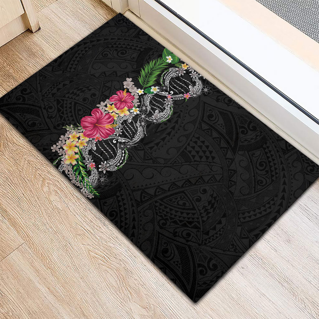 Hawaii DNA Kakau Tattoo Rubber Doormat with Plumeria and Hibiscus Tropical Plants Black Color