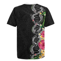 Hawaii DNA Kakau Tattoo Rugby Jersey with Plumeria and Hibiscus Tropical Plants Black Color