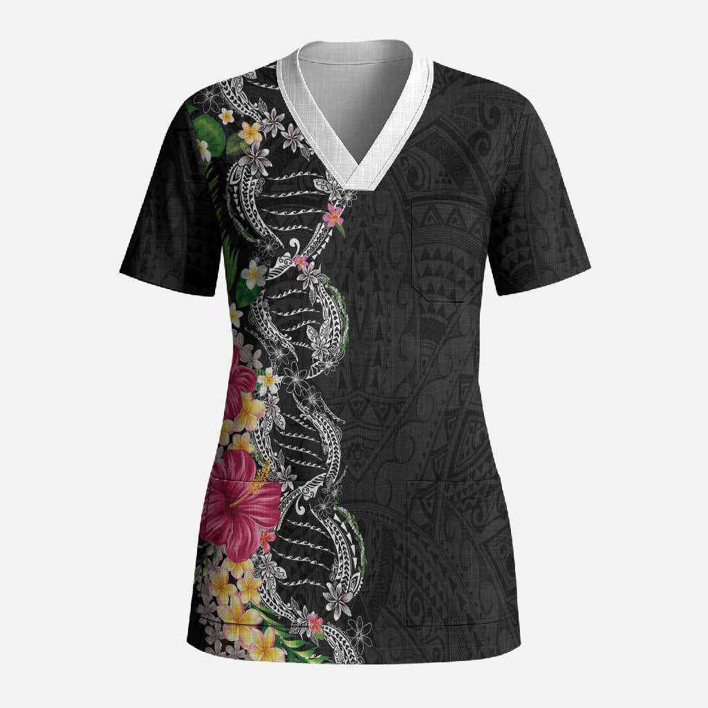 Hawaii DNA Kakau Tattoo Scrub Top with Plumeria and Hibiscus Tropical Plants Black Color LT03 Adult Black - Polynesian Pride