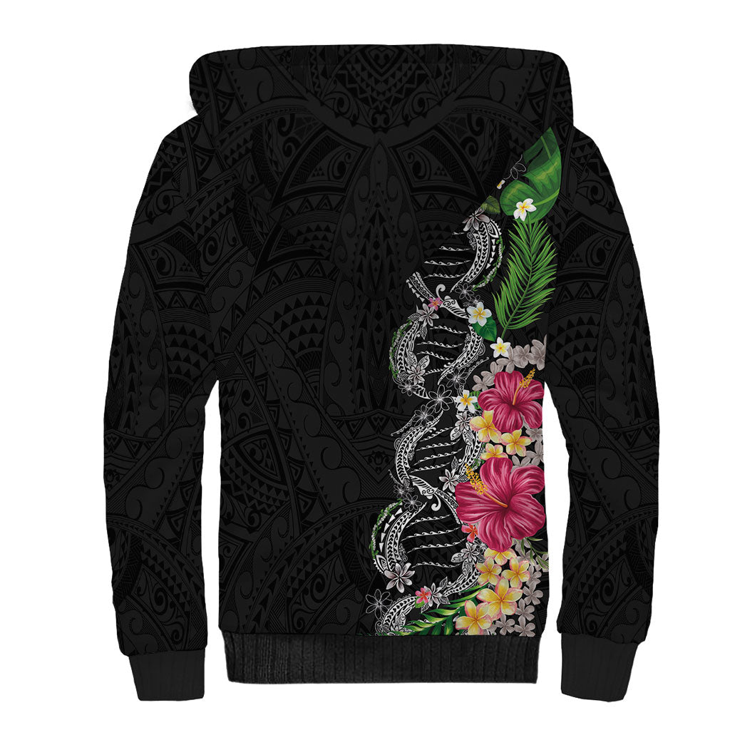 Hawaii DNA Kakau Tattoo Sherpa Hoodie with Plumeria and Hibiscus Tropical Plants Black Color