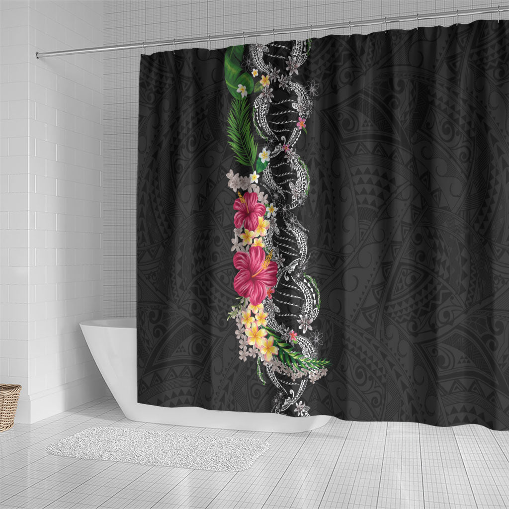 Hawaii DNA Kakau Tattoo Shower Curtain with Plumeria and Hibiscus Tropical Plants Black Color