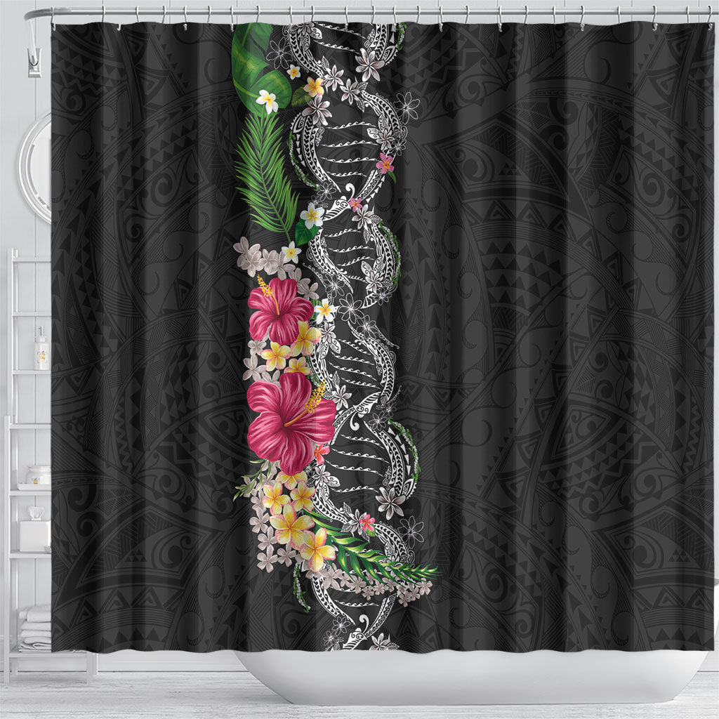 Hawaii DNA Kakau Tattoo Shower Curtain with Plumeria and Hibiscus Tropical Plants Black Color