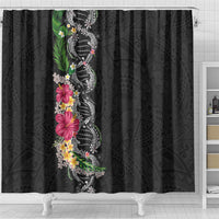 Hawaii DNA Kakau Tattoo Shower Curtain with Plumeria and Hibiscus Tropical Plants Black Color