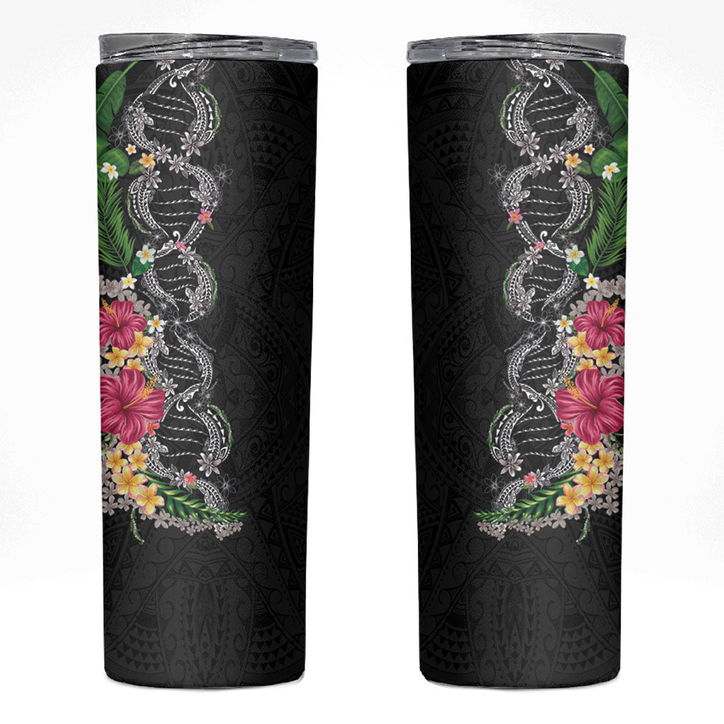 Hawaii DNA Kakau Tattoo Skinny Tumbler with Plumeria and Hibiscus Tropical Plants Black Color