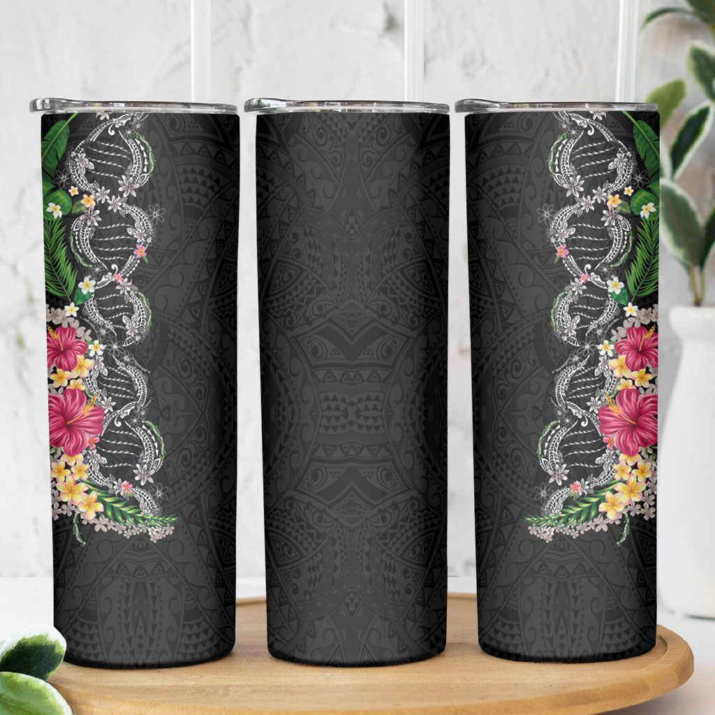 Hawaii DNA Kakau Tattoo Skinny Tumbler with Plumeria and Hibiscus Tropical Plants Black Color