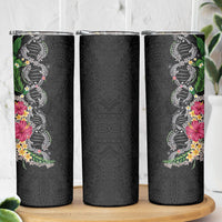 Hawaii DNA Kakau Tattoo Skinny Tumbler with Plumeria and Hibiscus Tropical Plants Black Color