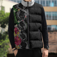 Hawaii DNA Kakau Tattoo Sleeveless Puffer Jacket with Plumeria and Hibiscus Tropical Plants Black Color