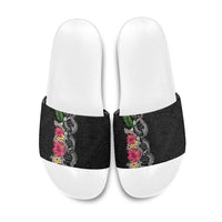 Hawaii DNA Kakau Tattoo Slide Sandals with Plumeria and Hibiscus Tropical Plants Black Color