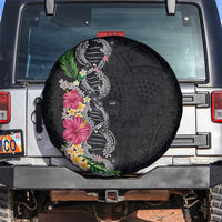 Hawaii DNA Kakau Tattoo Spare Tire Cover with Plumeria and Hibiscus Tropical Plants Black Color