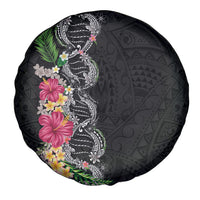 Hawaii DNA Kakau Tattoo Spare Tire Cover with Plumeria and Hibiscus Tropical Plants Black Color
