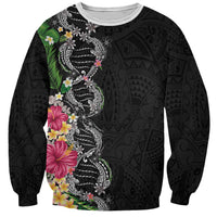 Hawaii DNA Kakau Tattoo Sweatshirt with Plumeria and Hibiscus Tropical Plants Black Color