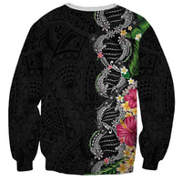 Hawaii DNA Kakau Tattoo Sweatshirt with Plumeria and Hibiscus Tropical Plants Black Color