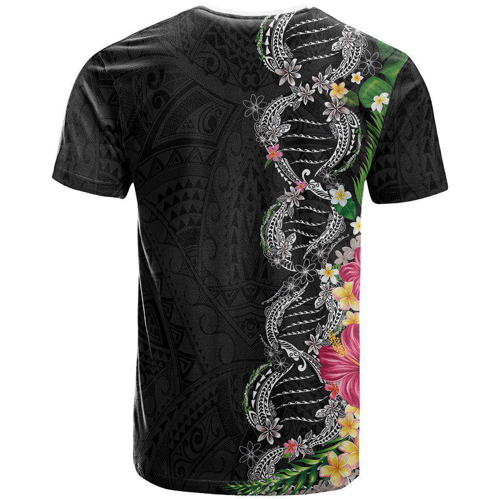 Hawaii DNA Kakau Tattoo T Shirt with Plumeria and Hibiscus Tropical Plants Black Color