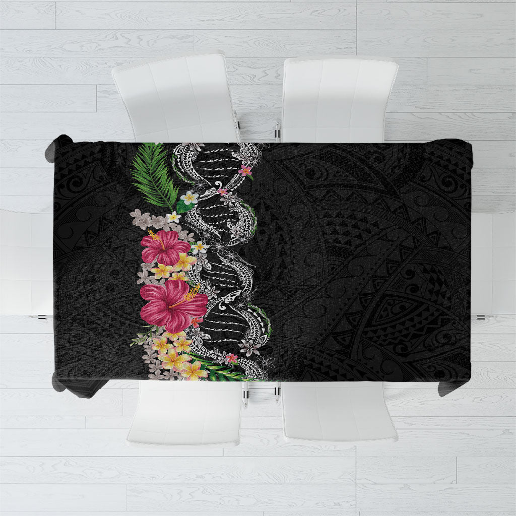 Hawaii DNA Kakau Tattoo Tablecloth with Plumeria and Hibiscus Tropical Plants Black Color