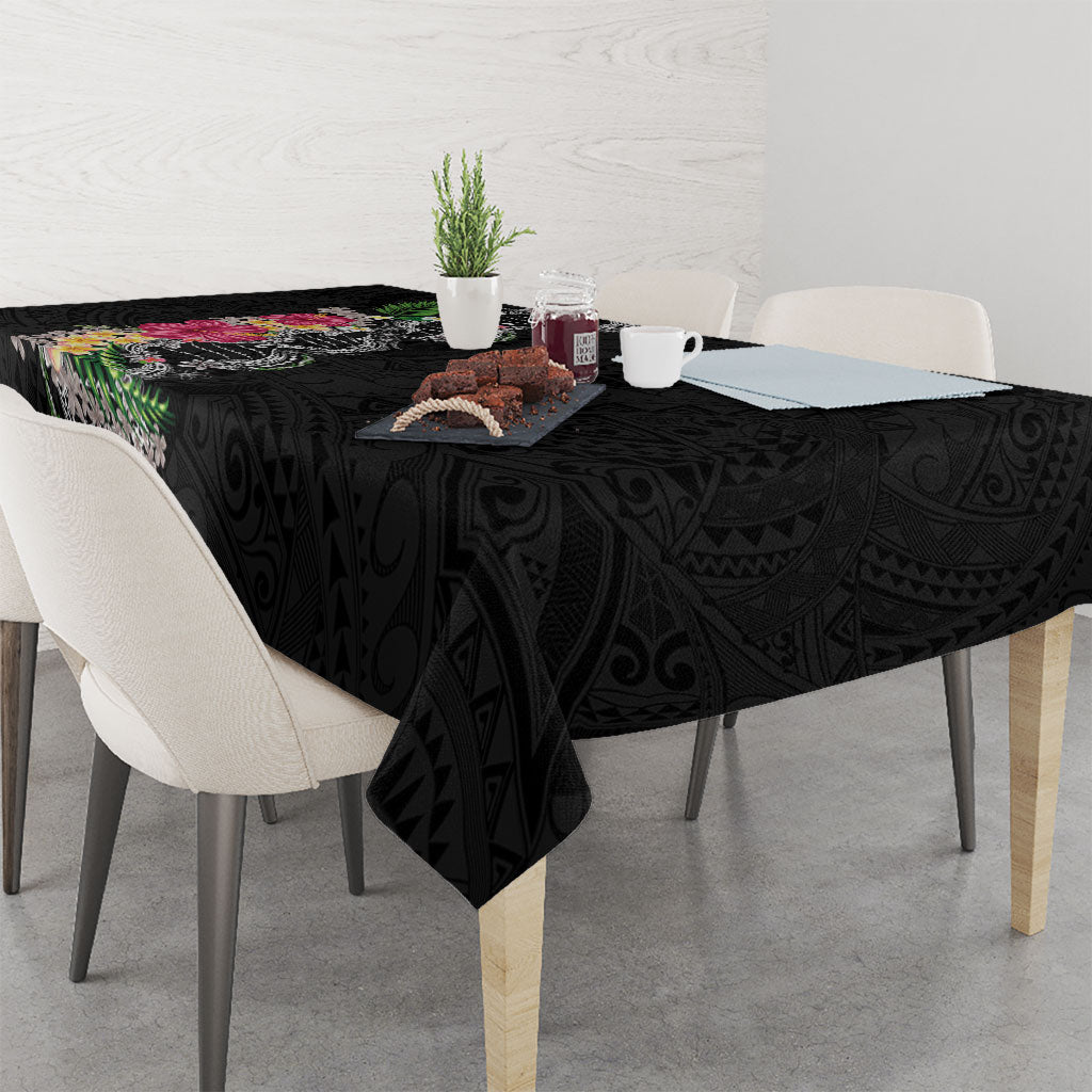 Hawaii DNA Kakau Tattoo Tablecloth with Plumeria and Hibiscus Tropical Plants Black Color