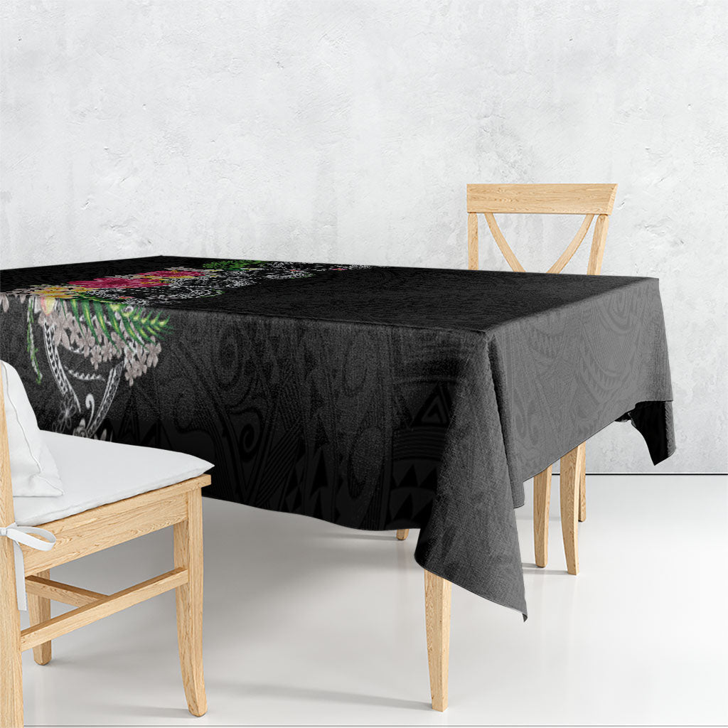 Hawaii DNA Kakau Tattoo Tablecloth with Plumeria and Hibiscus Tropical Plants Black Color