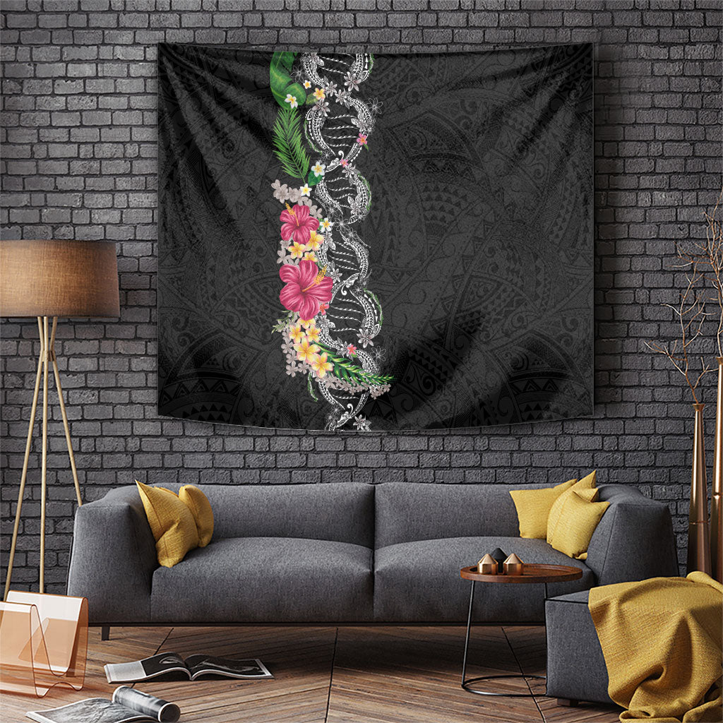 Hawaii DNA Kakau Tattoo Tapestry with Plumeria and Hibiscus Tropical Plants Black Color