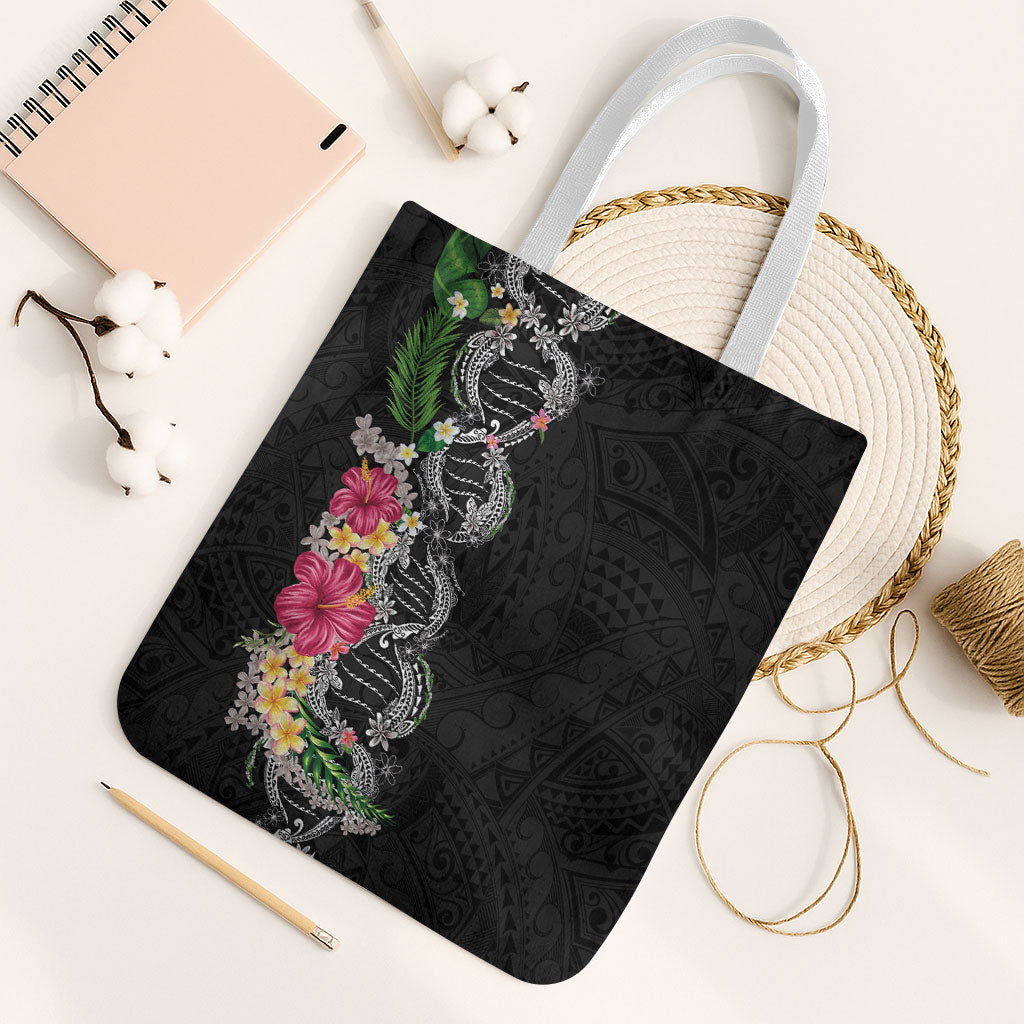 Hawaii DNA Kakau Tattoo Tote Bag with Plumeria and Hibiscus Tropical Plants Black Color