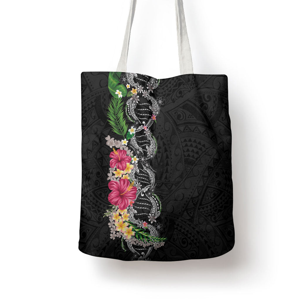 Hawaii DNA Kakau Tattoo Tote Bag with Plumeria and Hibiscus Tropical Plants Black Color