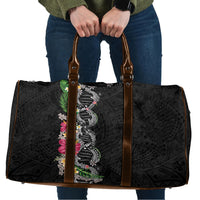 Hawaii DNA Kakau Tattoo Travel Bag with Plumeria and Hibiscus Tropical Plants Black Color