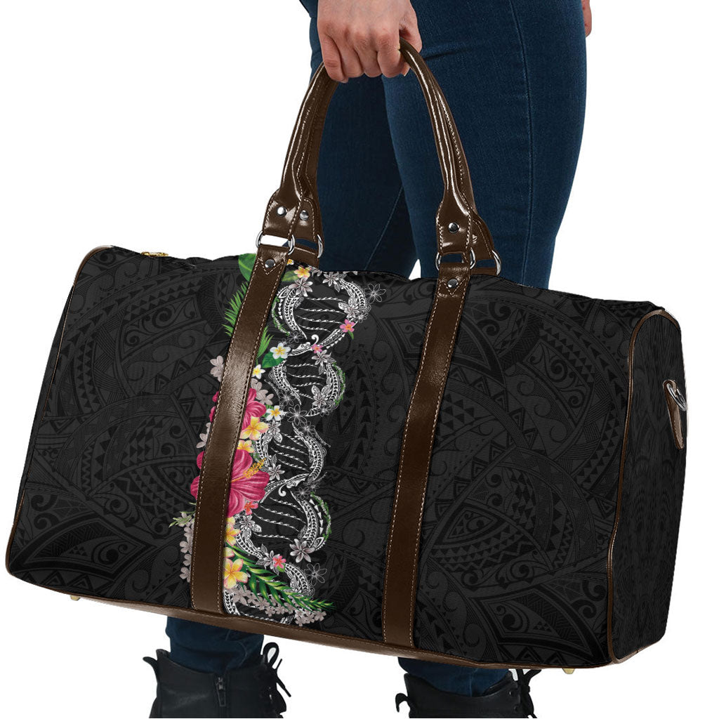 Hawaii DNA Kakau Tattoo Travel Bag with Plumeria and Hibiscus Tropical Plants Black Color