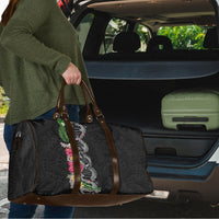 Hawaii DNA Kakau Tattoo Travel Bag with Plumeria and Hibiscus Tropical Plants Black Color