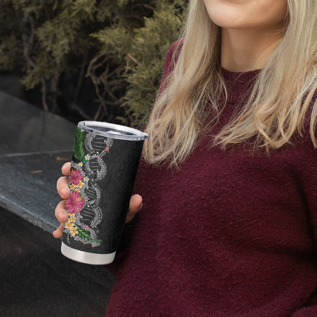 Hawaii DNA Kakau Tattoo Tumbler Cup with Plumeria and Hibiscus Tropical Plants Black Color