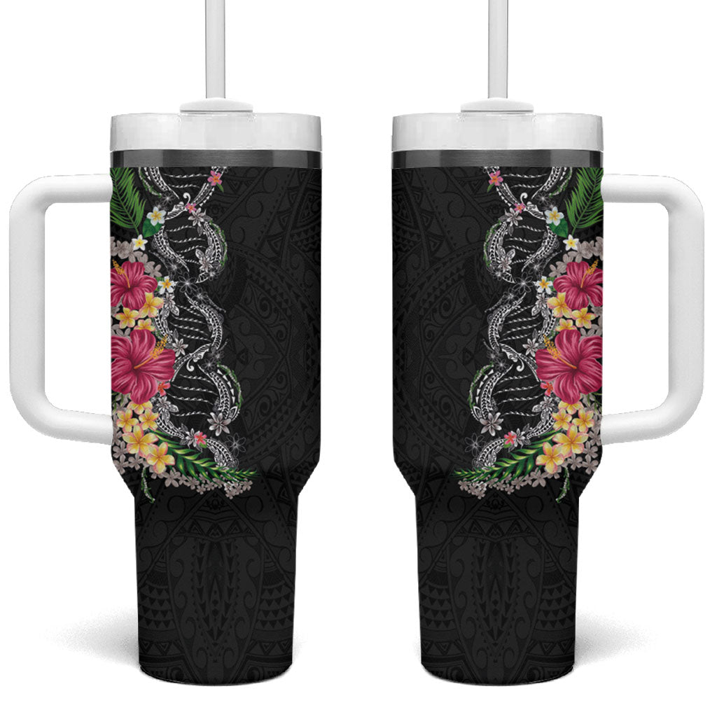 Hawaii DNA Kakau Tattoo Tumbler With Handle with Plumeria and Hibiscus Tropical Plants Black Color