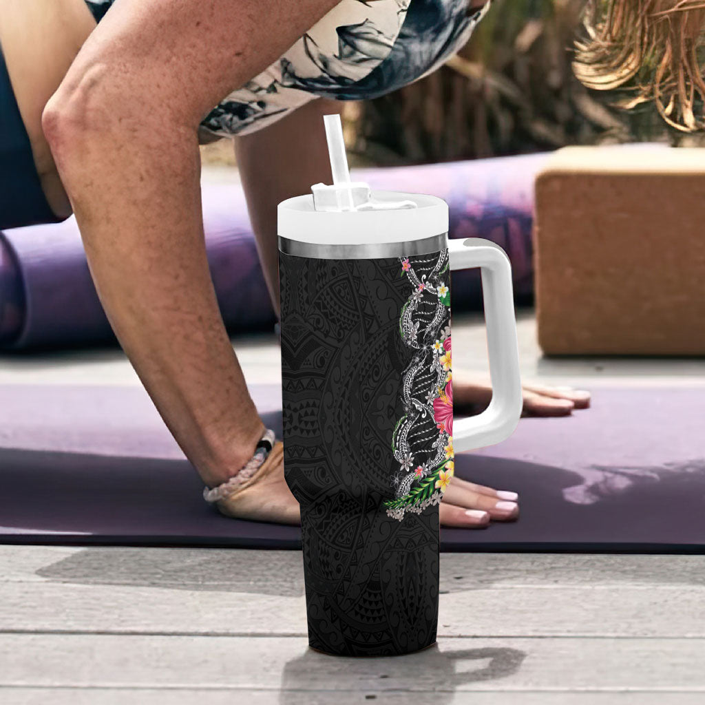 Hawaii DNA Kakau Tattoo Tumbler With Handle with Plumeria and Hibiscus Tropical Plants Black Color
