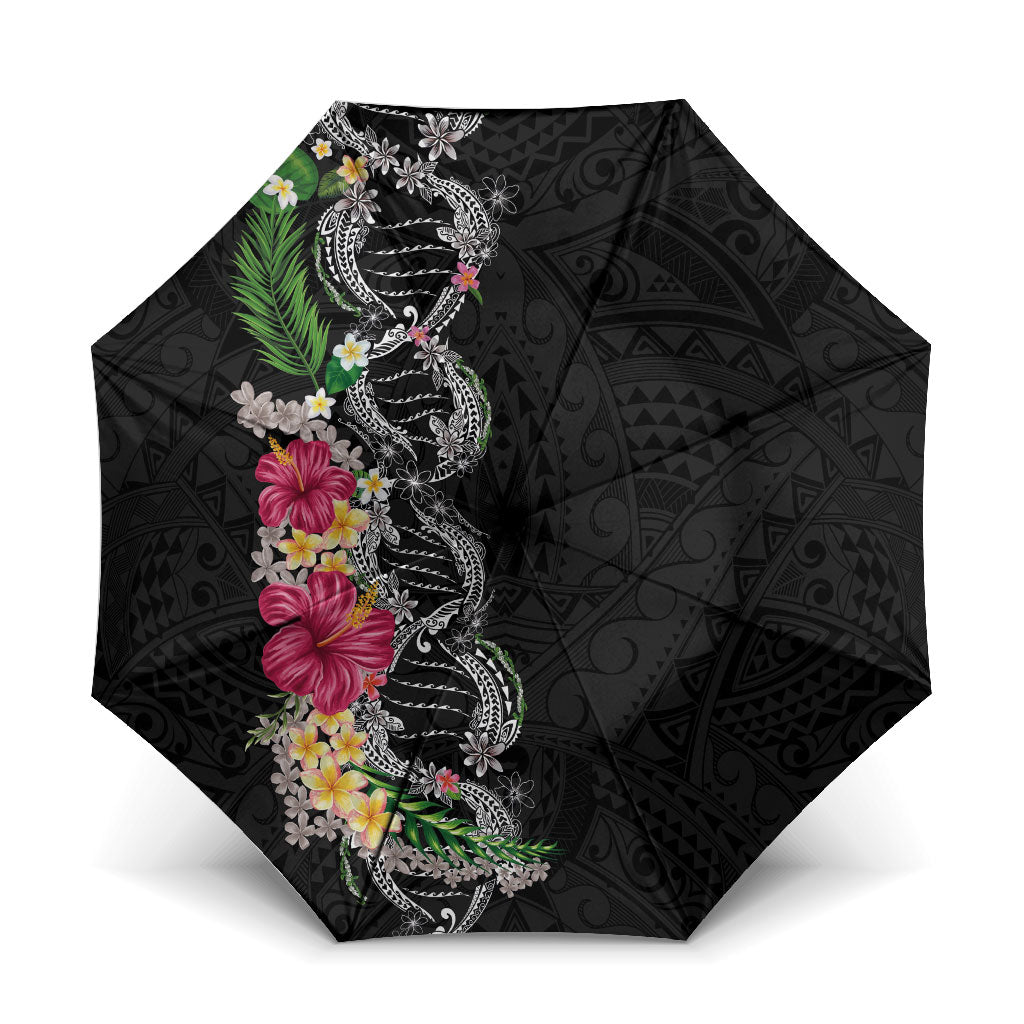 Hawaii DNA Kakau Tattoo Umbrella with Plumeria and Hibiscus Tropical Plants Black Color