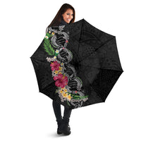 Hawaii DNA Kakau Tattoo Umbrella with Plumeria and Hibiscus Tropical Plants Black Color