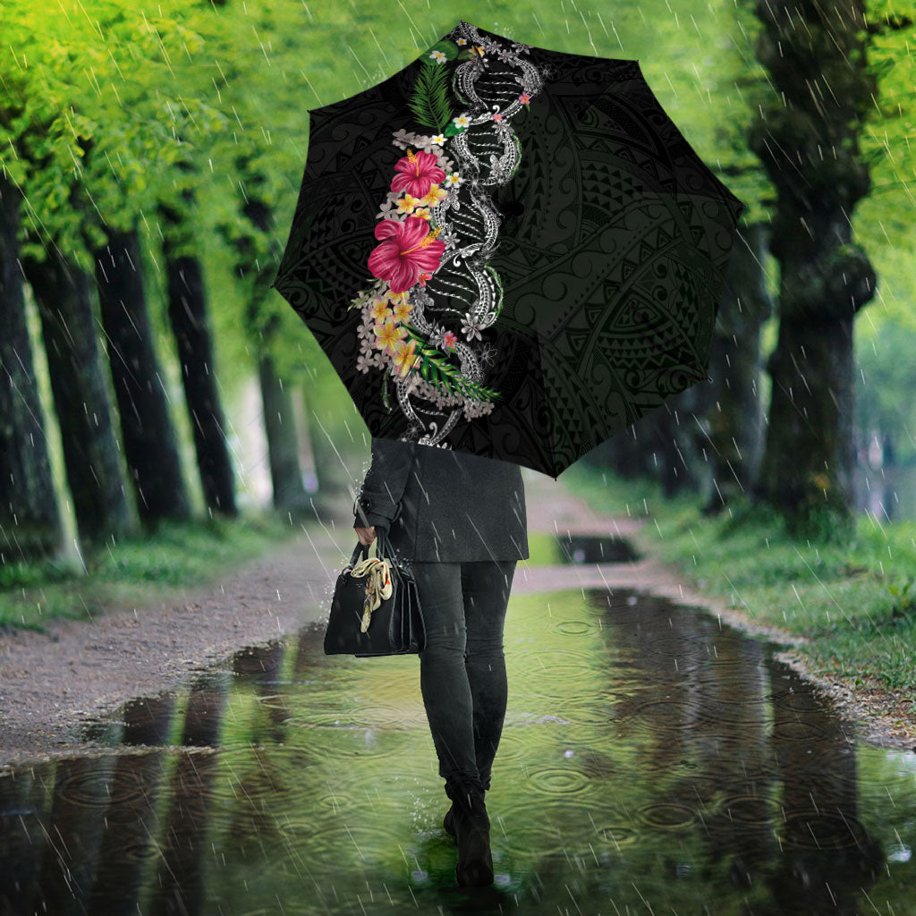 Hawaii DNA Kakau Tattoo Umbrella with Plumeria and Hibiscus Tropical Plants Black Color