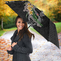 Hawaii DNA Kakau Tattoo Umbrella with Plumeria and Hibiscus Tropical Plants Black Color