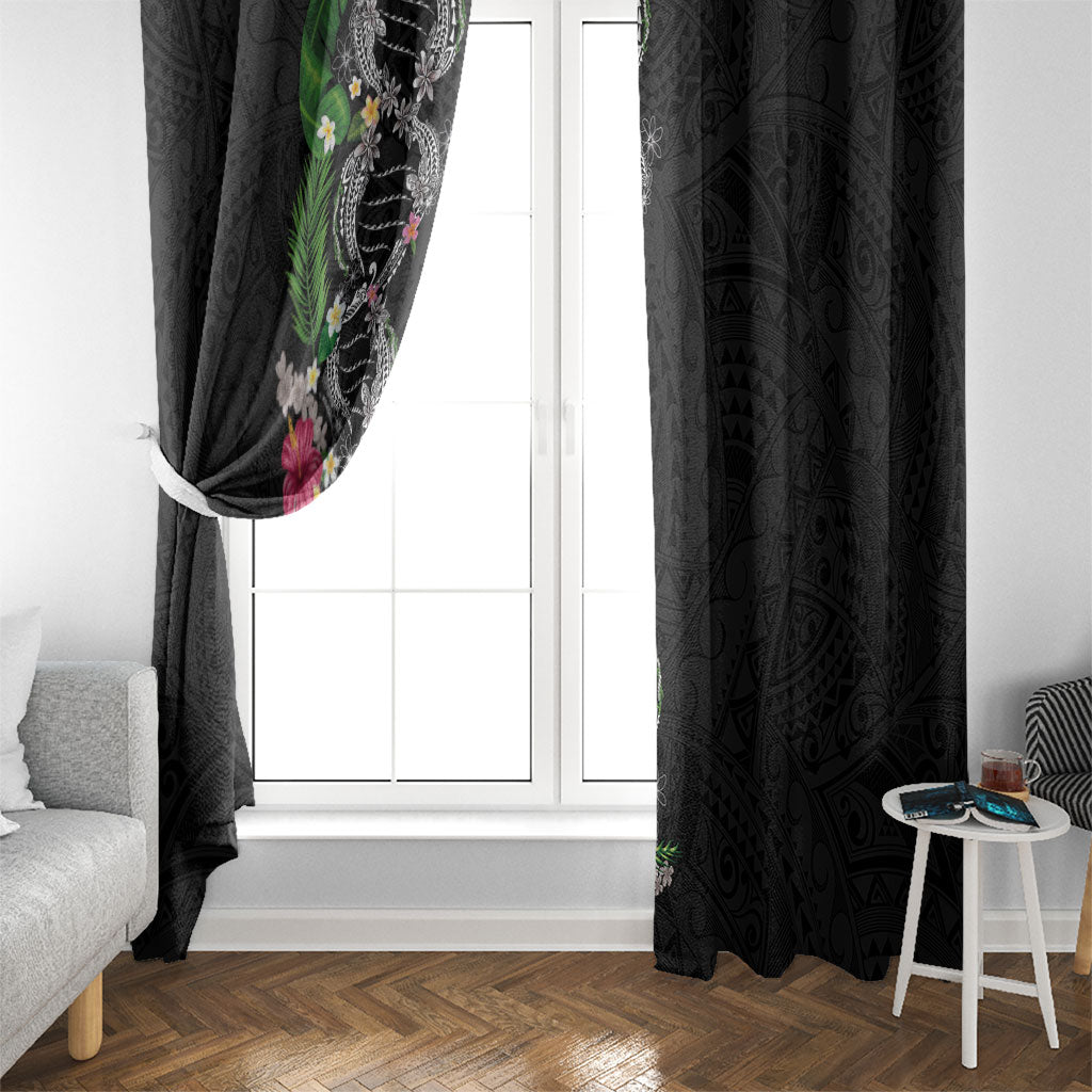 Hawaii DNA Kakau Tattoo Window Curtain with Plumeria and Hibiscus Tropical Plants Black Color