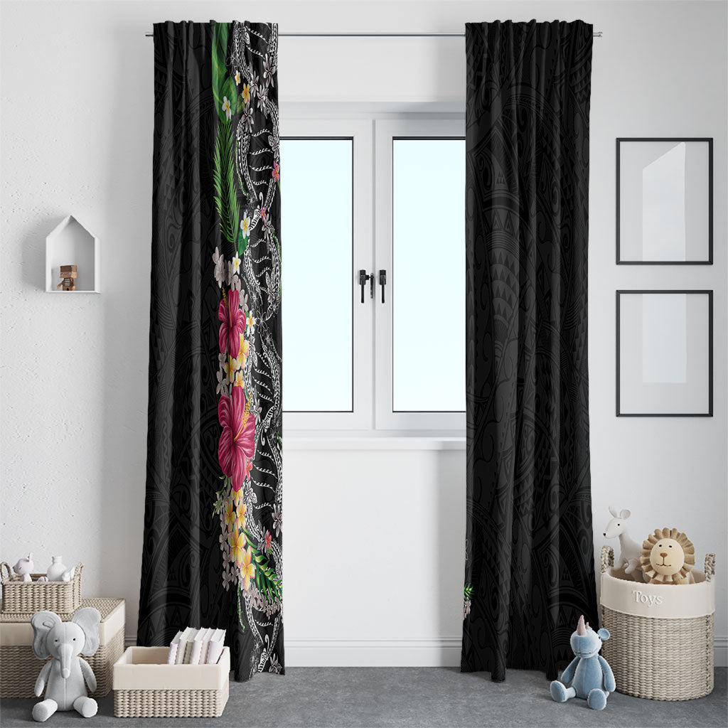 Hawaii DNA Kakau Tattoo Window Curtain with Plumeria and Hibiscus Tropical Plants Black Color