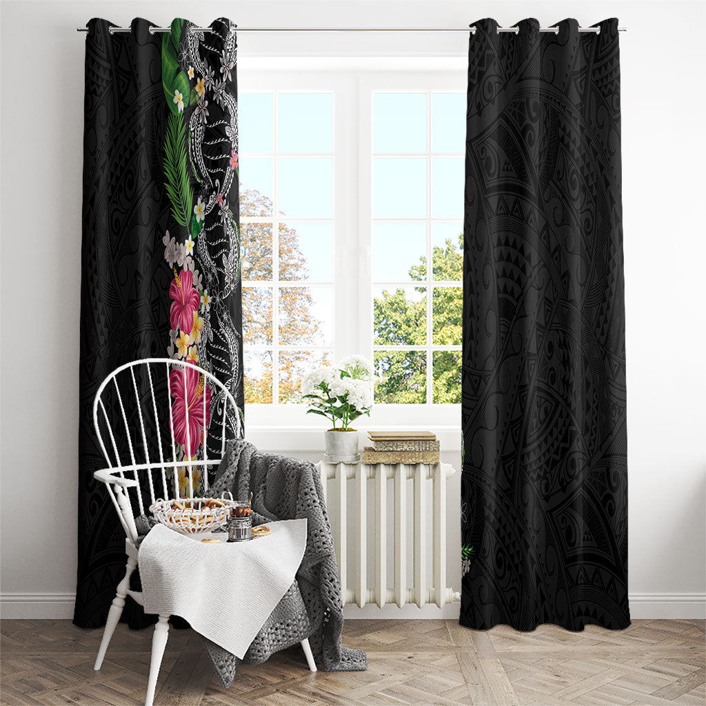 Hawaii DNA Kakau Tattoo Window Curtain with Plumeria and Hibiscus Tropical Plants Black Color